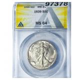 1939 Walking Liberty Half Dollar ANACS MS64