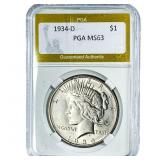 1934-D Silver Peace Dollar PGA MS63