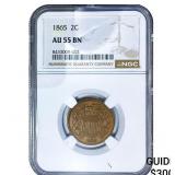 1865 2C Shield NGC AU55 BN