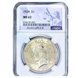1924 Silver Peace Dollar NGC MS62