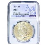 1924 Silver Peace Dollar NGC MS61