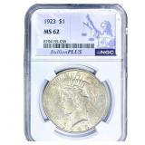 1923 Silver Peace Dollar NGC MS62