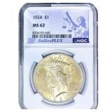 1924 Silver Peace Dollar NGC MS62