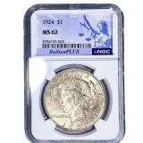 1924 Silver Peace Dollar NGC MS62