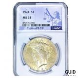 1924 Silver Peace Dollar NGC MS62