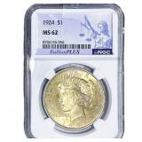 1924 Silver Peace Dollar NGC MS62