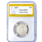 1853 Seated Liberty Quarter PGA MS62 Arrows & Rays