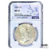 1924 Silver Peace Dollar NGC MS62