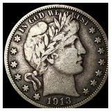 1913-S Silver Barber Half Dollar LIGHTLY CIRCULA
