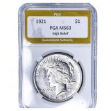 1921 Silver Peace Dollar PGA MS63 High Relief