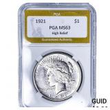 1921 Silver Peace Dollar PGA MS63 High Relief