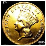 1874 $3 Gold Piece CHOICE AU