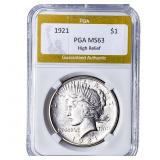 1921 Silver Peace Dollar PGA MS63 High Relief