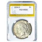 1934-D Silver Peace Dollar PGA MS66