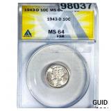 1943-D Mercury Silver Dime ANACS MS64 FSB