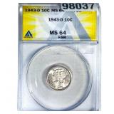 1943-D Mercury Silver Dime ANACS MS64 FSB