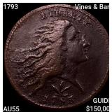 1793 Vines & Bars Flowing Hair Lg Cent HIGH GRADE