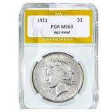 1921 Silver Peace Dollar PGA MS63 High Relief