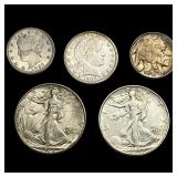 [5] 1883-1946 U.S. Silver Coin Lot 5C, 25C, & 50C