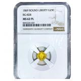 1869 Round California Gold Quarter NGC MS62 PL BG-