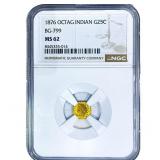 1876 Octagonal California Gold Quarter NGC MS62 BG