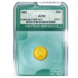 1862 Rare Gold Dollar NTC AU58 Damaged Rim Rev.