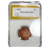 1853 Braided Hair Large Cent PGA MS66 Red