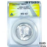 1964-D Kennedy Half Dollar ANACS MS63 DDO-001