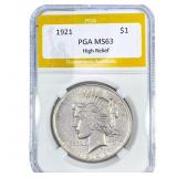 1921 Silver Peace Dollar PGA MS63 High Relief