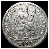 1891 Silver Dime (Seated Liberty) NEARLY UNCIRCULA