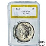 1921 Silver Peace Dollar PGA MS64 High Relief