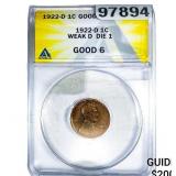 1922-D Wheat Cent ANACS G6 Weak D Die 1