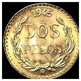 1945 Mexico Gold 2 Pesos UNCIRCULATED