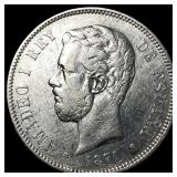 1871 Spain Silver 5 Pesetas Amadeo I CLOSELY UNCIR