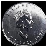 1990 Silver 1 oz Canadian Maple Leaf $5 CHOICE BU