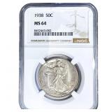 1938 Walking Liberty Half Dollar NGC MS64