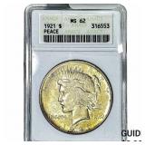 1921 Silver Peace Dollar ANACS MS62