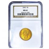 1892 $5 Gold Half Eagle NGC MS67