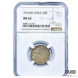 1916 Chile Silver 20 Centavos NGC MS62
