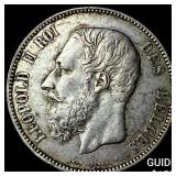 1873 Belgium Leopold II Silver 5 Francs CHOICE AU