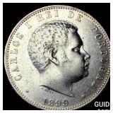 1899 Portugal Silver 1000 Reis CHOICE AU