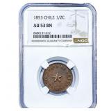 1853 Chile Copper 1/2 Centavos NGC AU53 BN