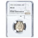 1941 Colombia Silver 20 Centavos NGC MS64