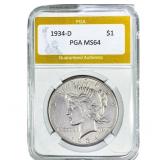1934-D Silver Peace Dollar PGA MS64