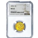 1894 $5 Gold Half Eagle NGC MS62