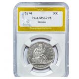 1874 Seated Liberty Half Dollar PGA MS62PL Arrows