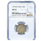 1916 Chile Silver 20 Centavos NGC MS62