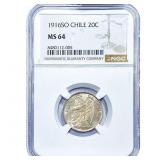 1916 Chile Silver 20 Centavos NGC MS64