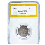 1921 Buffalo Nickel PGA MS64 2 Feathers