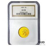 1855 $3 Gold Piece NGC AU58